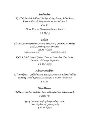 Smurfit Clubhouse Café Bar Menu - K Club