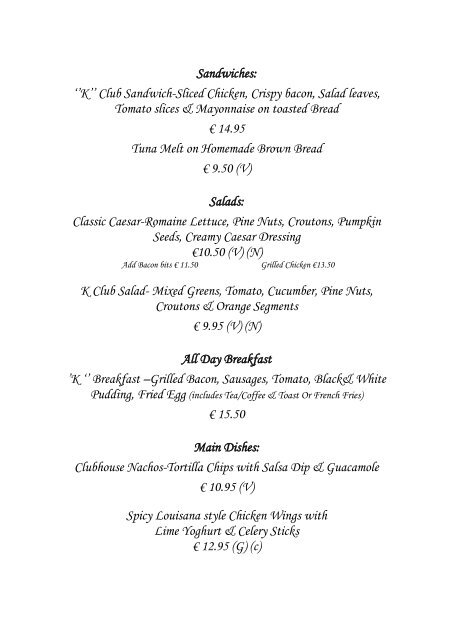 Smurfit Clubhouse Café Bar Menu - K Club