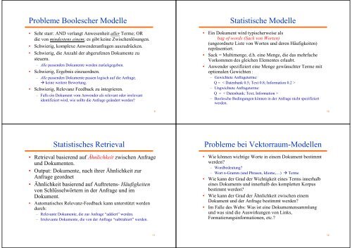 Boolesche- und Vektorraum- Modelle Retrieval Modelle Klassen ...