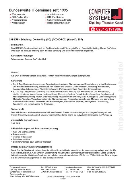 Sap Erp Schulung Controlling Co Ac040 Pcc Computer
