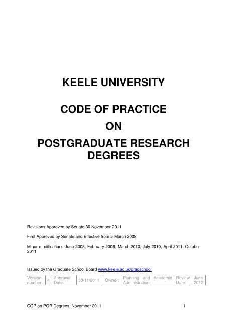 keele university code of practice on postgraduate research degrees