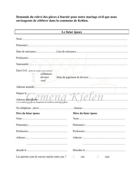 Questionnaire Mariage Civil - Kehlen