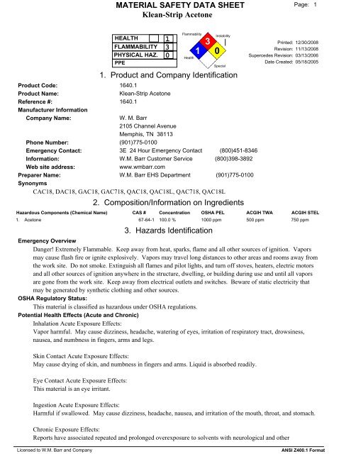 Klean-Strip Acetone MATERIAL SAFETY DATA SHEET 1 0 3 1 ...