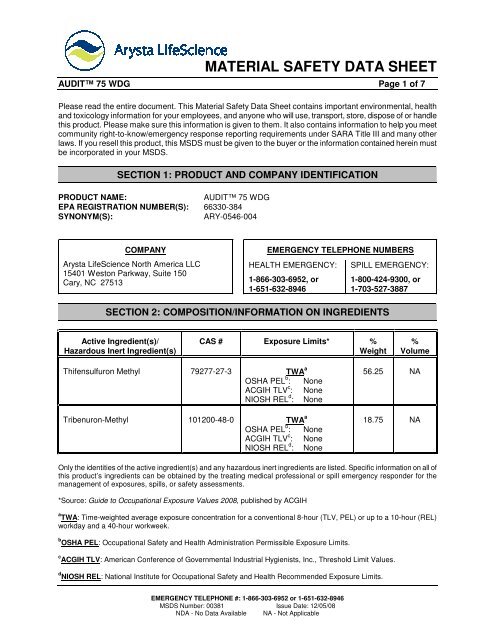 MSDS , Number - Crop Data Management Systems, Inc.