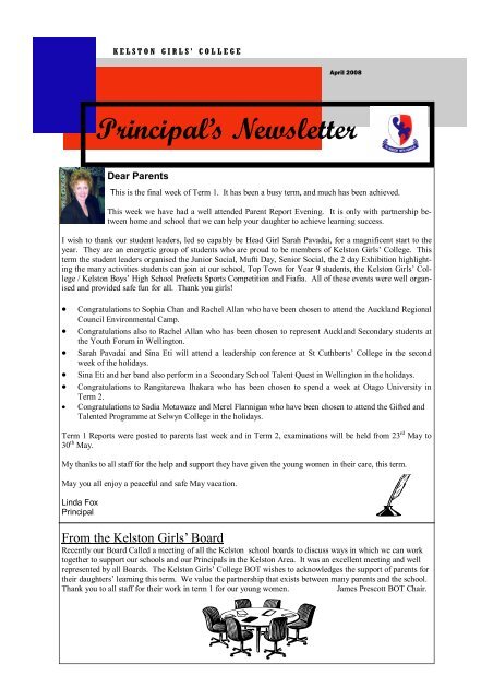 Principal's Newsletter - Kelston Girls