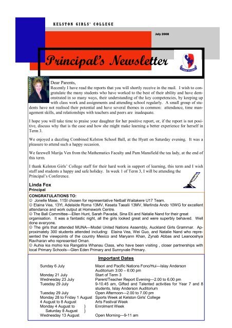 Principal's Newsletter - Kelston Girls