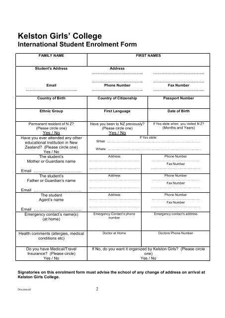 Kelston Girls' College International Student Enrolment Form