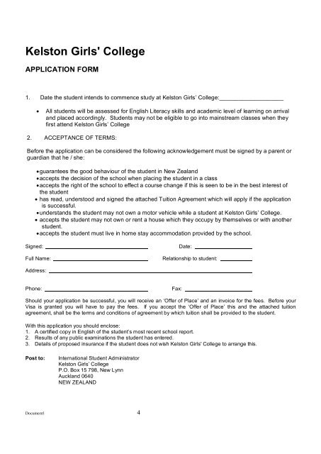 Kelston Girls' College International Student Enrolment Form