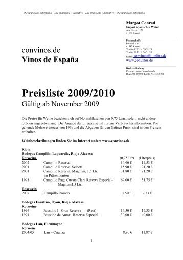 Vinos de España Preisliste 2009/2010 - convinos.de