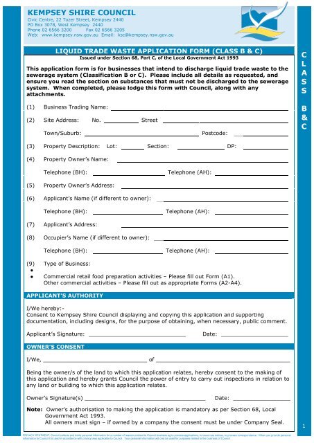 Liquid Trade Waste Application Form (Class B & C) - Kempsey Shire ...