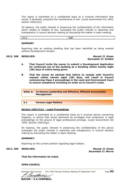 Minutes of the ordinary Council meeting - 25 September 2012