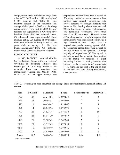 Proceedings of the Seventh Mountain Lion Workshop