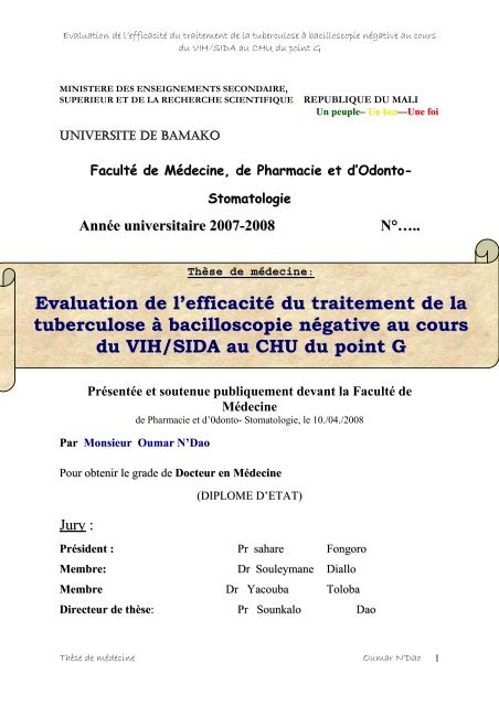 Evaluation de l'efficacitÃ© du traitement de la tuberculose Ã  ...