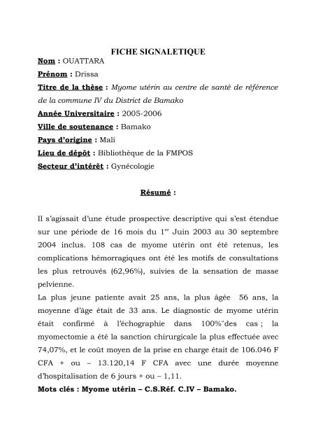 UniversitÃ© de Bamako FACULTE DE MEDECINE, DE PHARMACIE ...