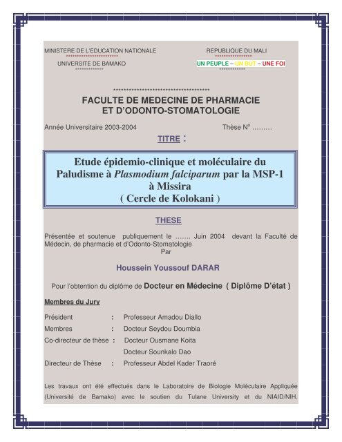 Etude Ã©pidemio-clinique et molÃ©culaire du Paludisme Ã  ...