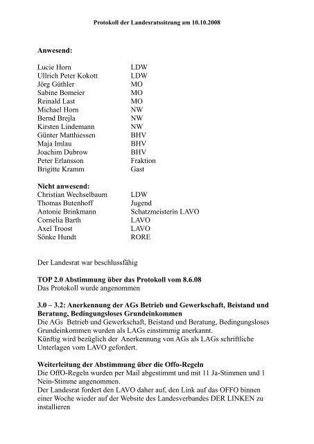 Protokoll der Landesratssitzung vom 10.10.08 - DIE LINKE in Bremen
