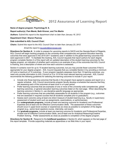 2012 Assurance of Learning Report - Kennesaw State University