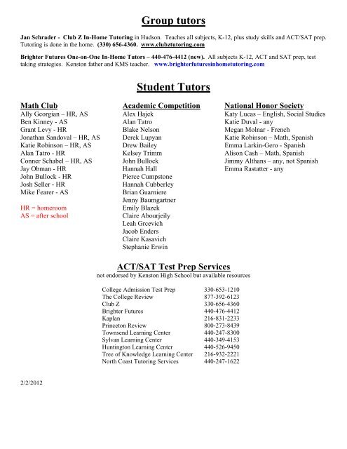Tutor List - Kenston School District