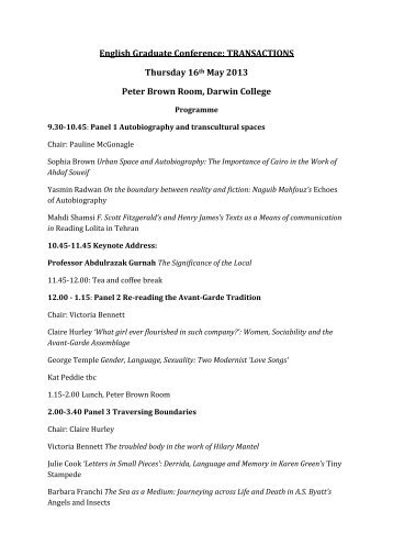 English Graduate Conference: TRANSACTIONS Thursday 16th May ...