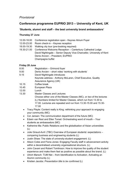 Provisional Conference programme EUPRIO ... - University of Kent