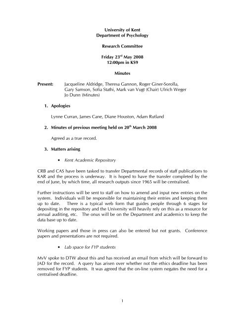 University of Kent Department of Psychology Research Committee ...