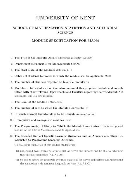 Applied Differential Geometry - University of Kent