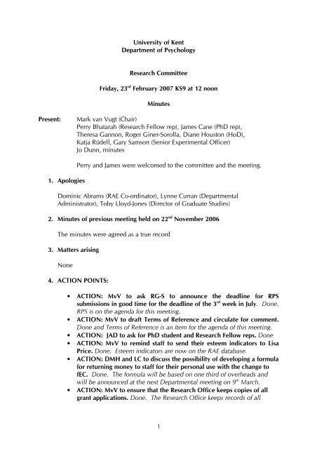 University of Kent Department of Psychology Research Committee ...