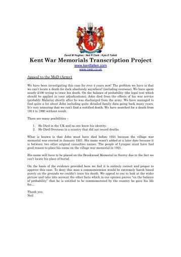 Kent War Memorials Transcription Project - Kent Fallen