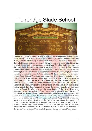 TONBRIDGE SLADE SCHOOL - Kent Fallen