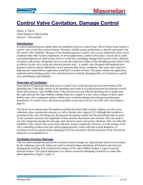 Control Valve Cavitation Damage, Dresser Masoneilan Control Valve Handbook