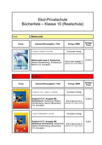 Bücherliste Realschule - Klasse 10 - Johannes Kepler Privatschule