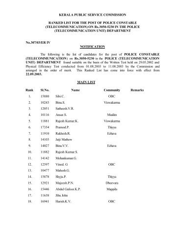 KERALA PUBLIC SERVICE COMMISSION RANKED LIST FOR THE ...