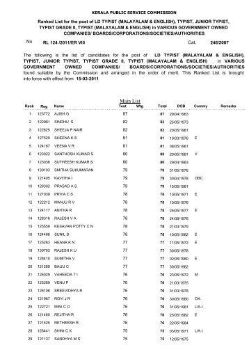 Main List - Kerala Public Service Commission