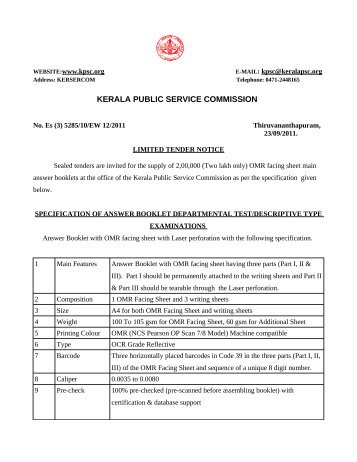 Supply of OMR facing sheet main answer booklets - Kerala Public ...