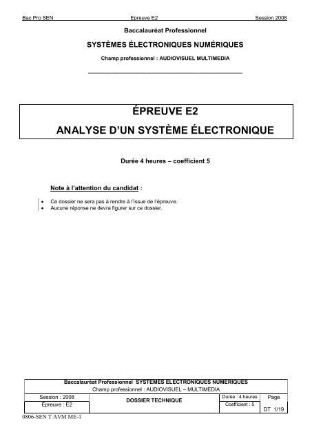 ÉPREUVE E2 ANALYSE D'UN SYSTÈME ÉLECTRONIQUE