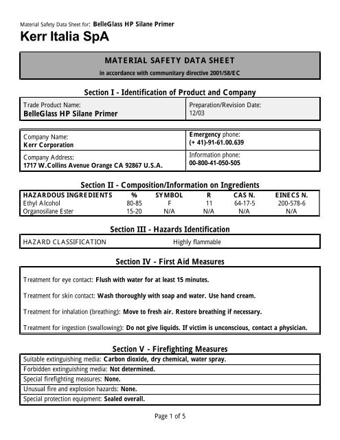 belleGlass HP Silane Primer - MSDS - Kerr