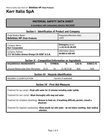 belleGlass HP Paste Products - MSDS - Kerr