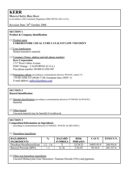 Material Safety Data Sheet Revision Date: 28 October 2008 - Kerr