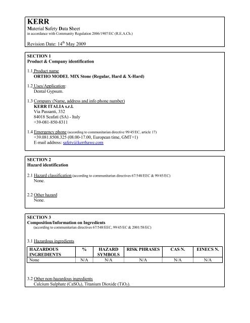 Material Safety Data Sheet Revision Date: 14 May 2009 - Kerr