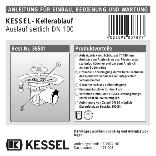 KESSEL-Kellerablauf Auslauf seitlich DN 100