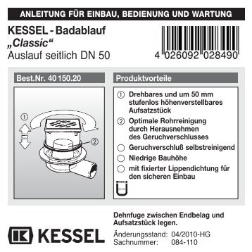 KESSEL-Badablauf „Classic“ Auslauf seitlich DN 50