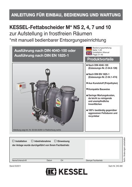 KESSEL-Fettabscheider M* NS 2, 4, 7 und 10 zur Aufstellung in ...