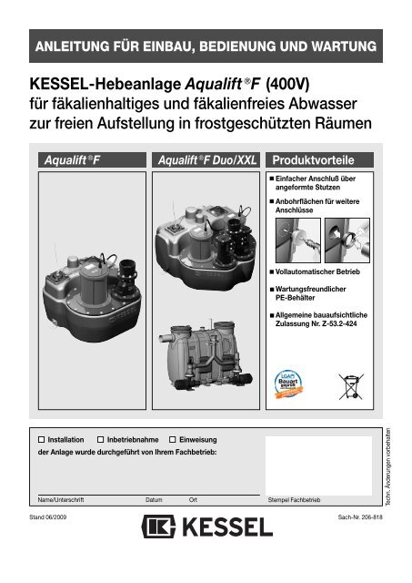 KESSEL-Hebeanlage Aqualift€F (400V) für fäkalienhaltiges und ...