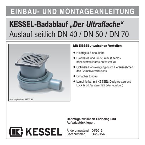 KESSEL-Badablauf „Der Ultraflache“ Auslauf seitlich DN 40 / DN 50 ...