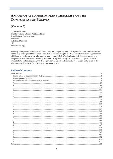 Checklist Of Bolivian Compositae Royal Botanic Gardens Kew