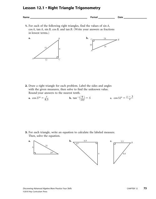 Lesson 12 1 A Right Triangle Trigonometry Keymath 