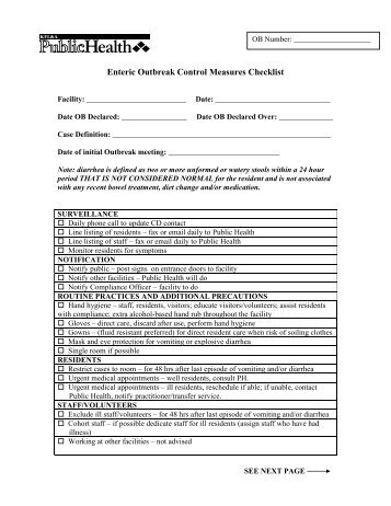 Enteric Outbreak Control Measures Checklist - KFL&A Public Health