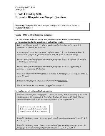 Grade 4 Reading SOL Expanded Blueprint and Sample Questions