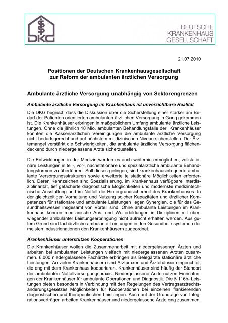 Positionen der DKG zur Reform der ambulanten Ã¤rztlichen Versorgung