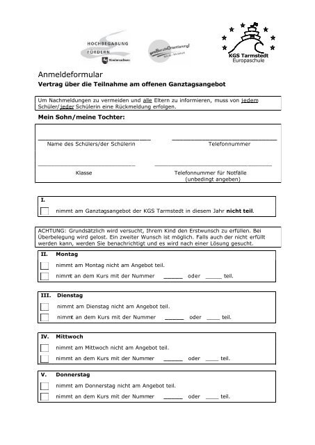 Anmeldeformular - KGS Tarmstedt